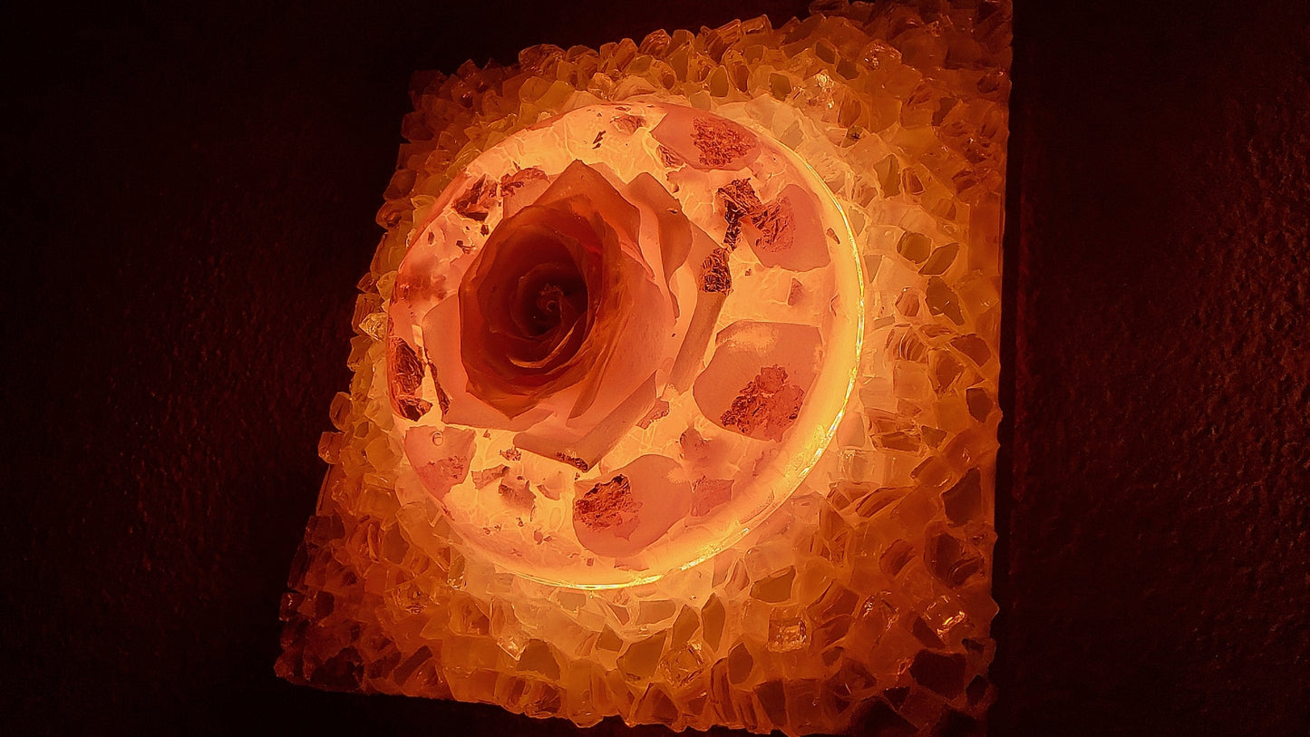 Decorative light fixture with a glowing circular pattern on a dark background
